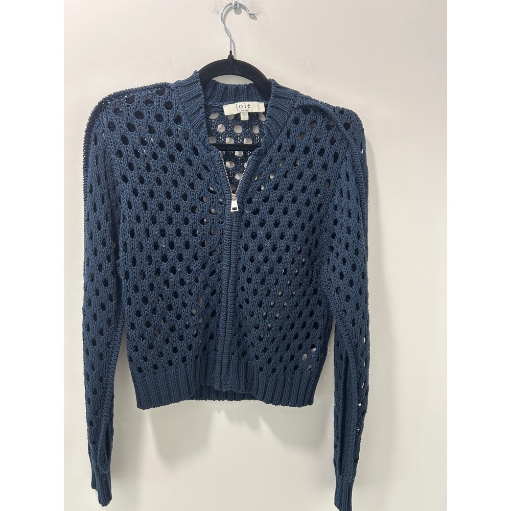 Joie‎ Navy Blue Open Knit Zip Up Cardigan Sweater K0188YRD23 Women Small